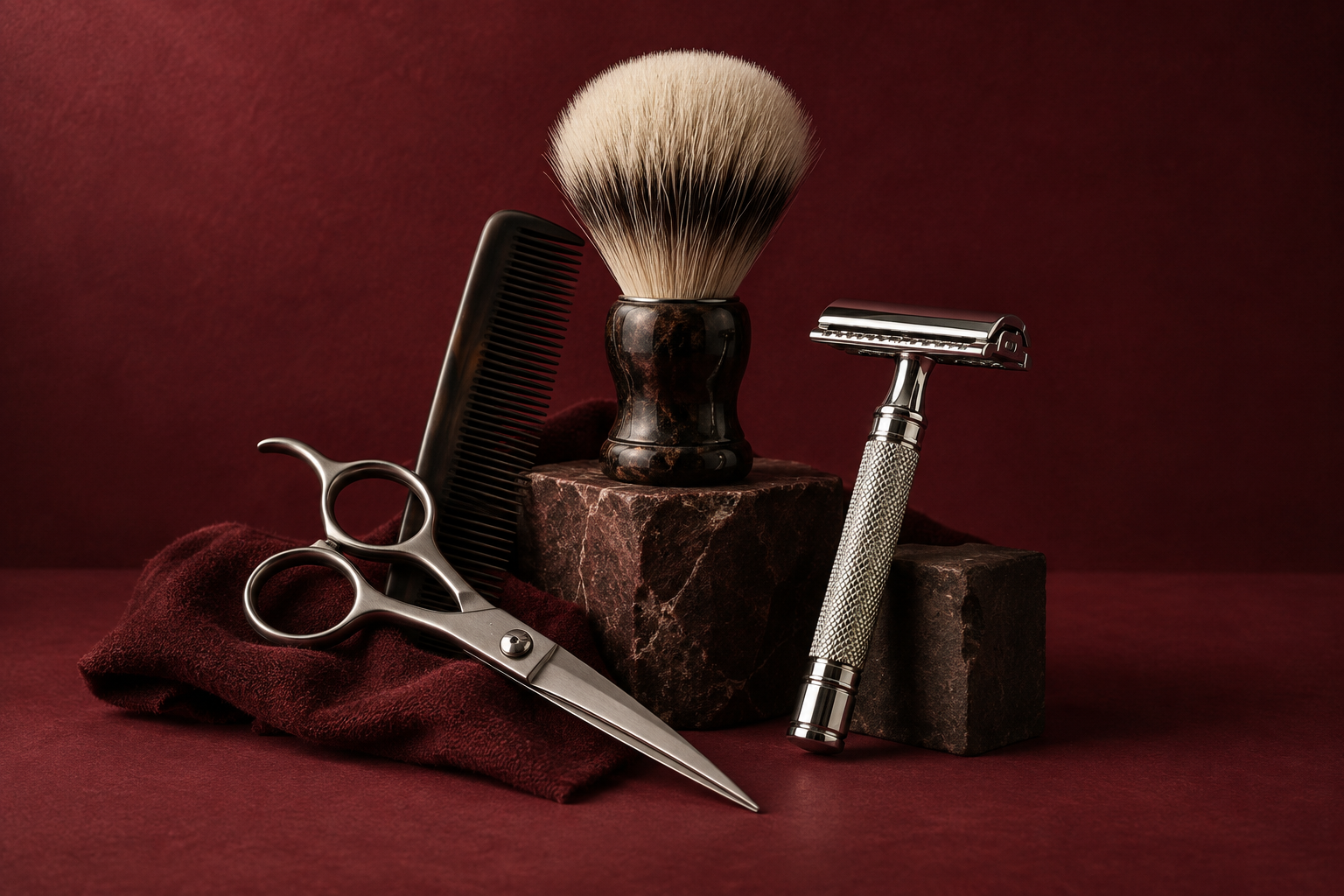 Illustrative studio still-life: vintage-style barber scissors, comb and shaving brush